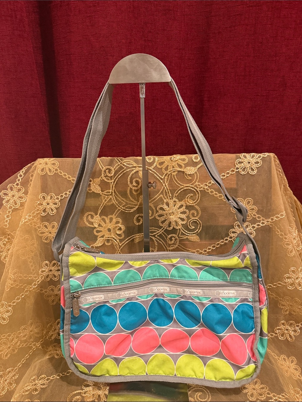 LeSportsac Gray Crossbody with Teal, Pink & Lime Dot Print